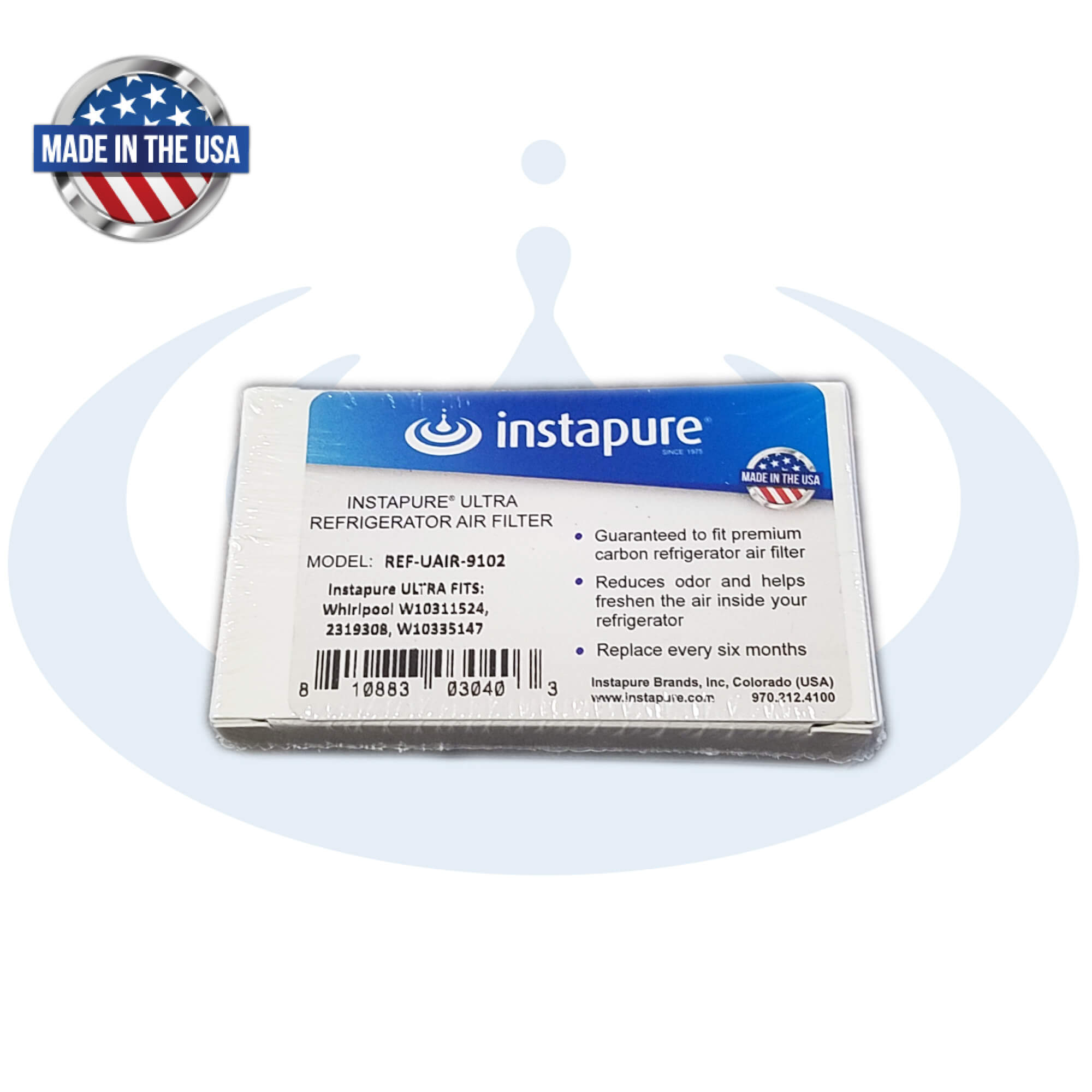 Instapure AIR1 Compatible Made in USA Refrigerator Air Filter. Instapure REF-UAIR-9102 ULTRA Air filter fits Whirlpool W10311524, 1876318, 2319308 & more.