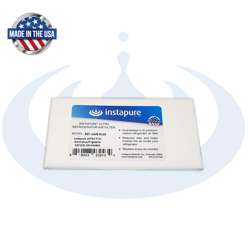 Instapure REF-UAIR-9105 refrigerator air filter packaging with USA made badge on a white background 