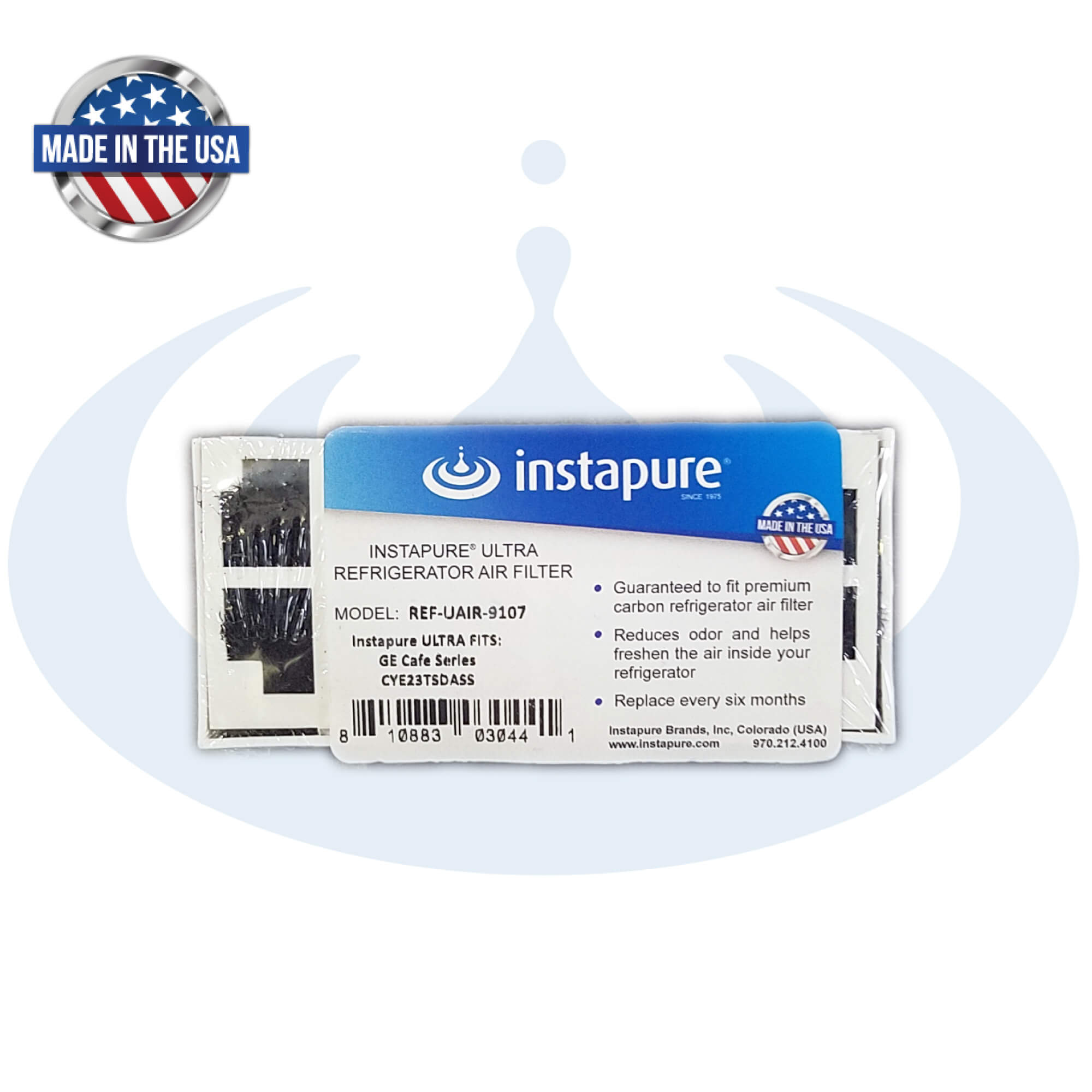 Instapure REF-UAIR-9107 refrigerator air filter packaging with branding and product details on a white background.