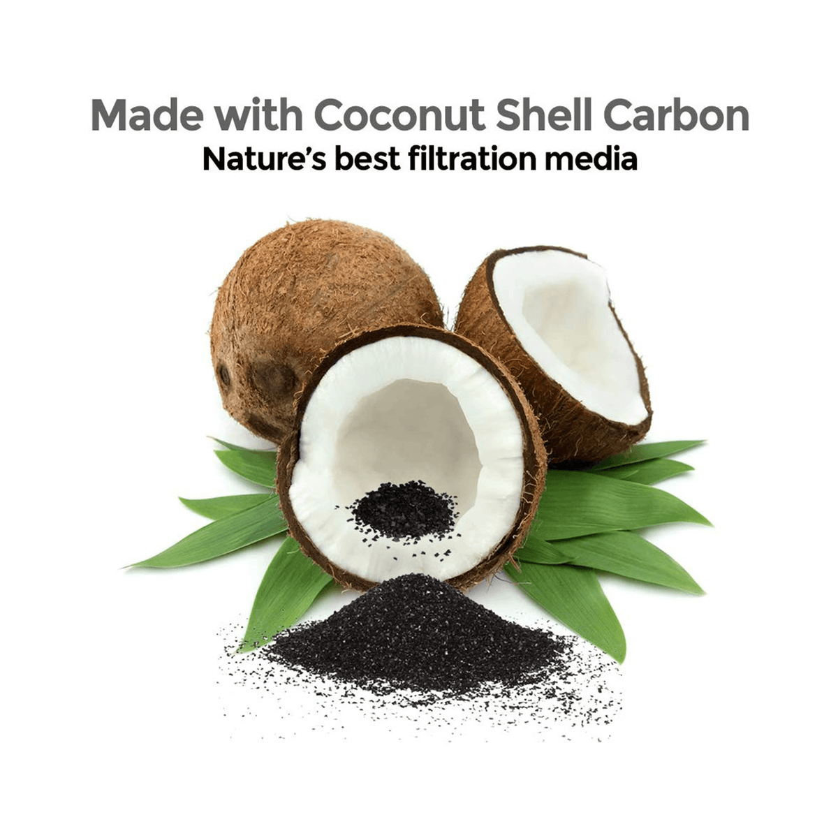 Coconut shells and coconut shell carbon on a white background with text about nature's best filtration media.