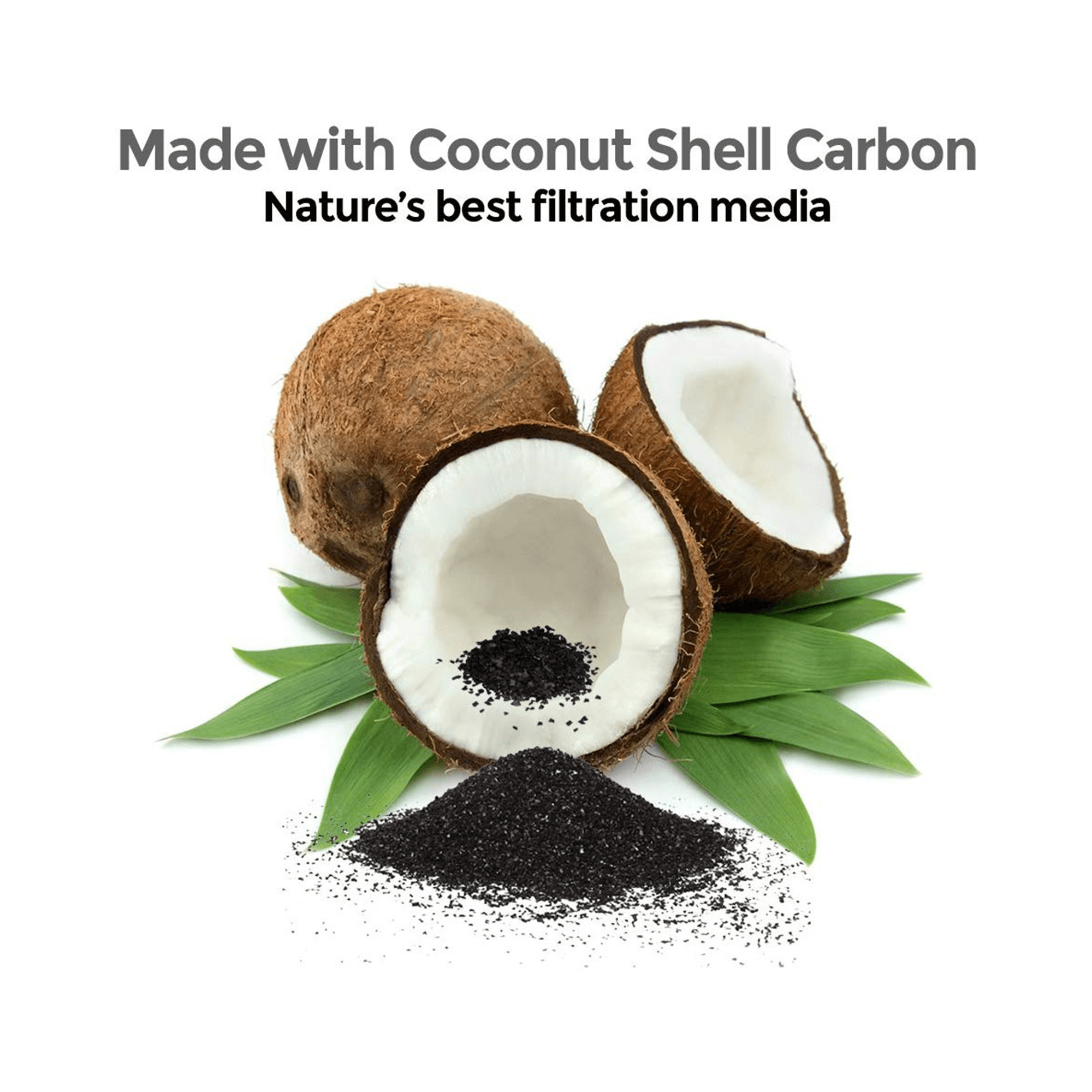 Coconut shells and coconut shell carbon on a white background with text about nature's best filtration media.