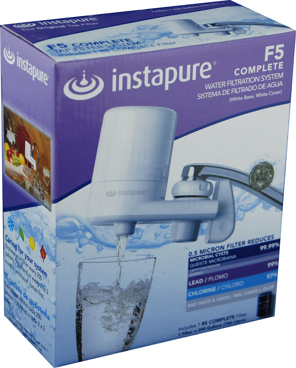 Instapure F5 Complete water filtering system packaging with branding and product imagery.