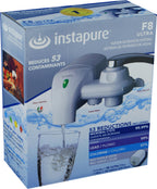 Instapure F8 Ultra water filtration system packaging on a white background
