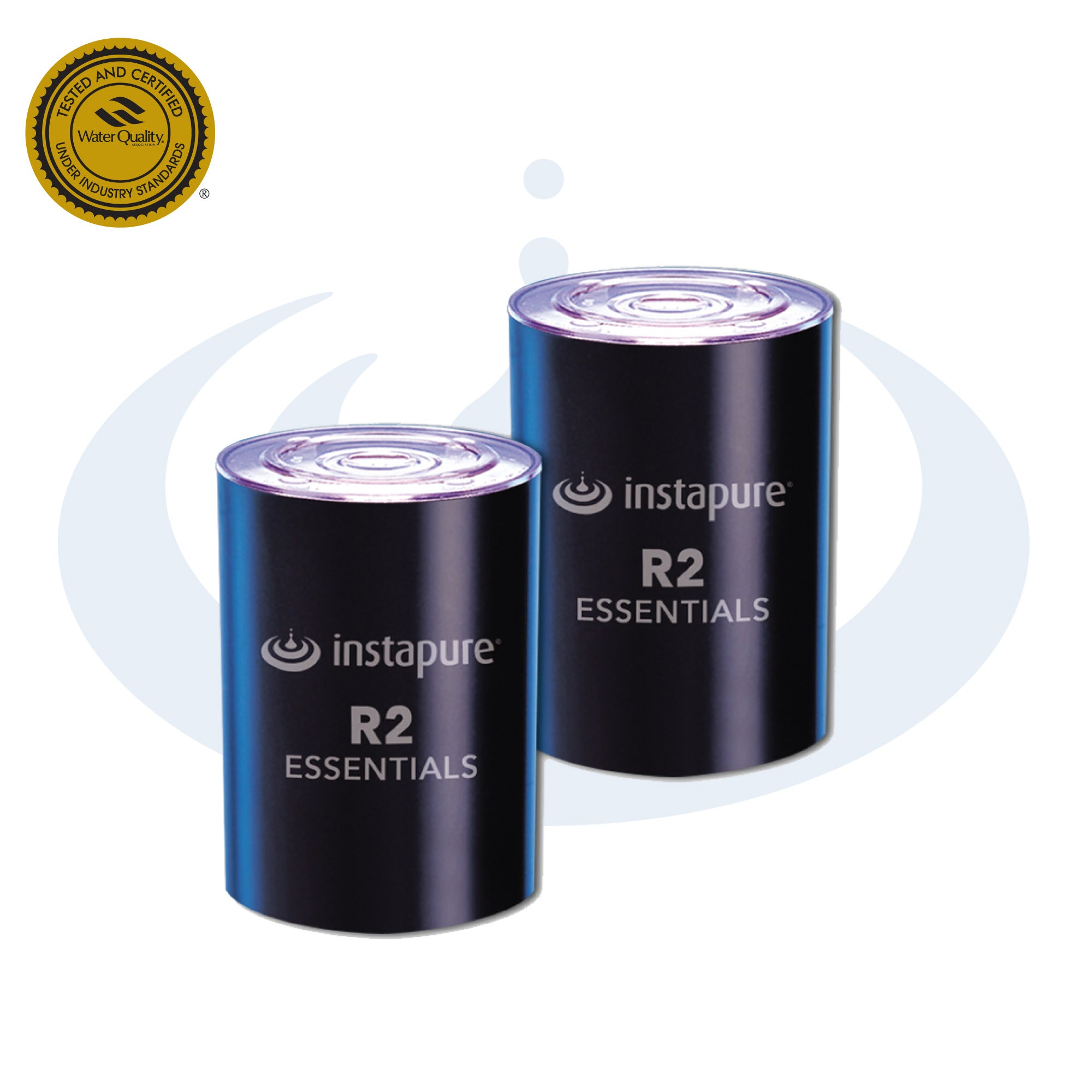 Two instapure R2 Essentials water filters on a white background with a certification badge.