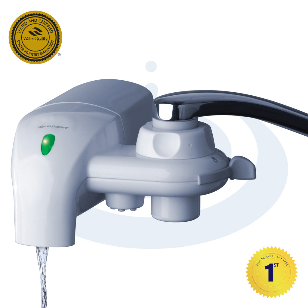 F8 White faucet with water flowing, featuring a certification badge on a white background