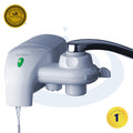 F8 White faucet with water flowing, featuring a certification badge on a white background