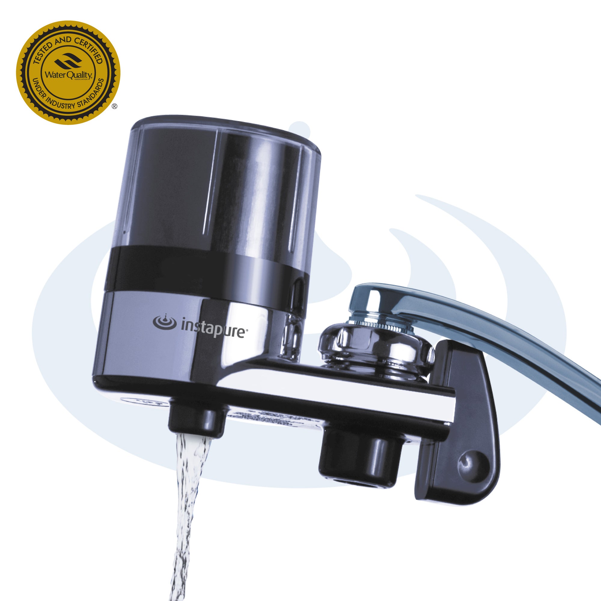 Instapure F2 water faucet filter with water flowing on a white background