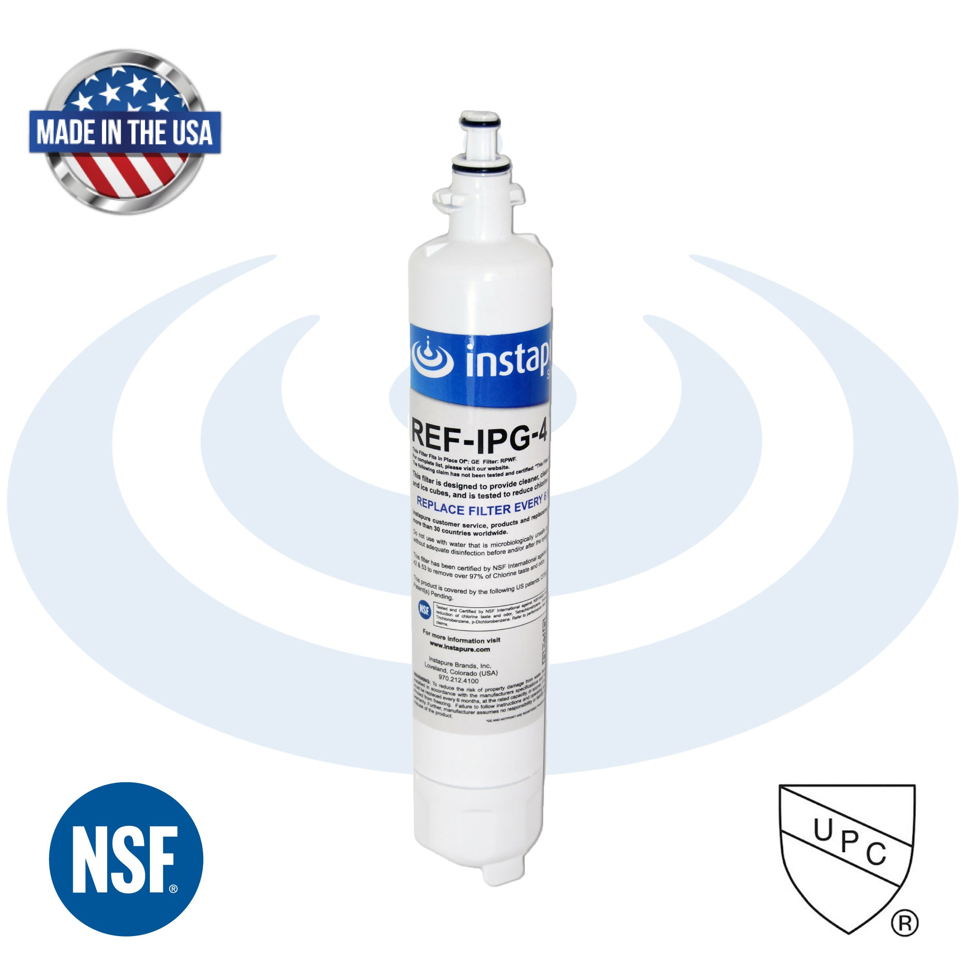 Instapure water filter cartridge REF-IPG-4 with branding and certification logos on a white background