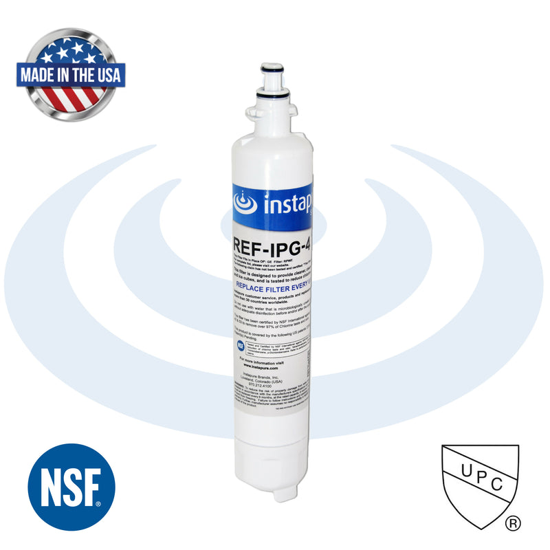Instapure water filter cartridge REF-IPG-4 with branding and certification logos on a white background
