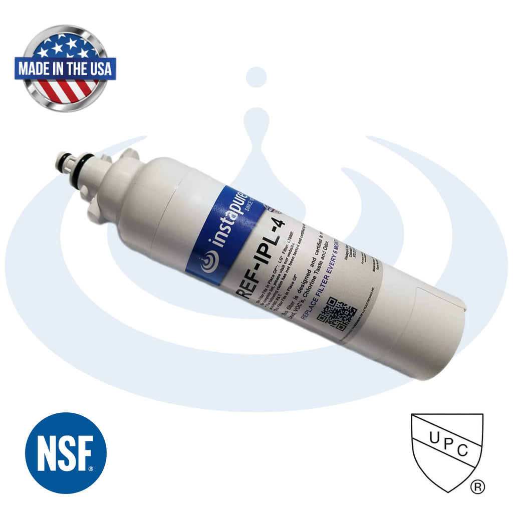 Instapure REF-IPL-4 pfoa/pfos refrigerator filter with NSF UPC certification badges and Made in USA badge