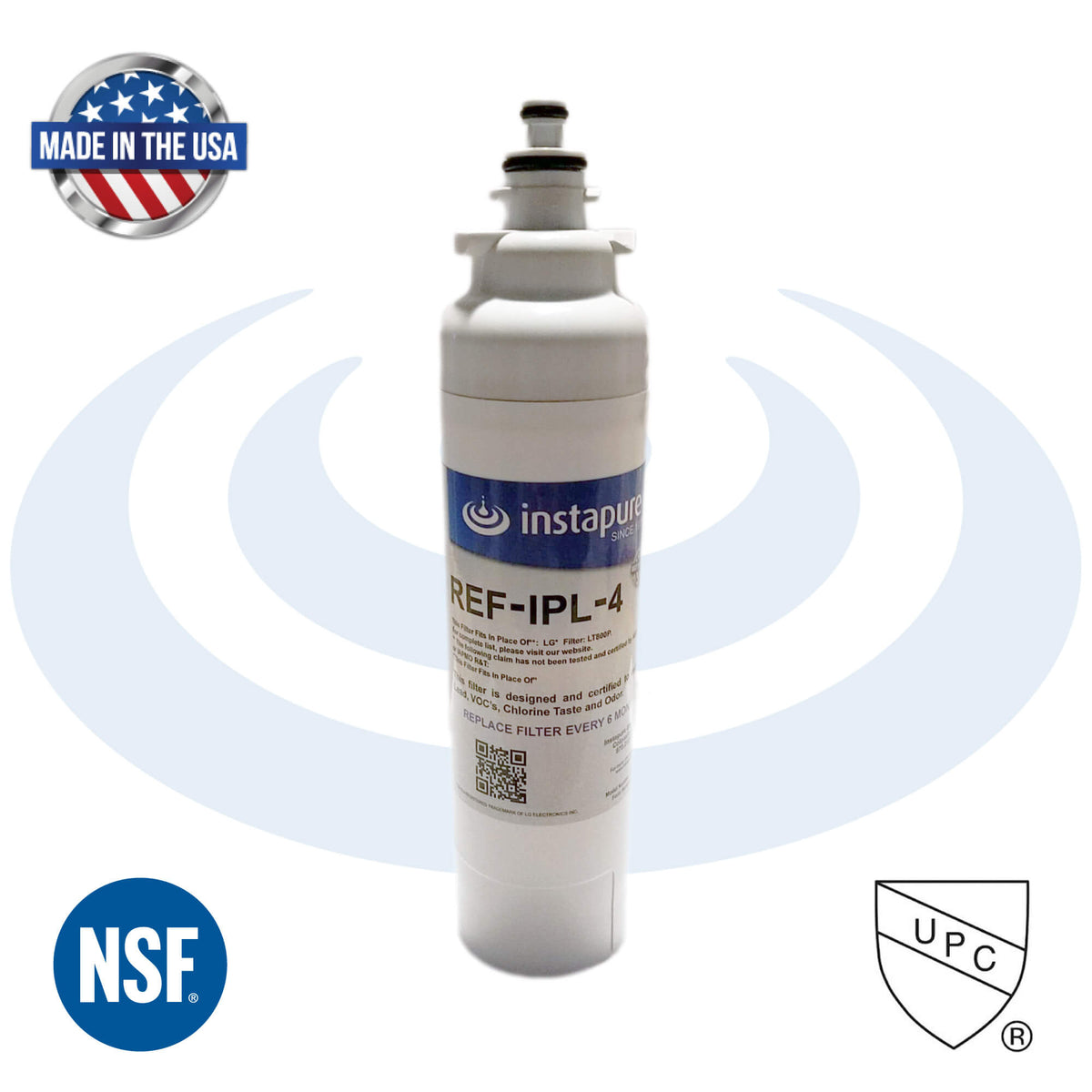 Instapure REF-IPL-4 Bottom View with NSF UPC certification badges and Made in USA badge