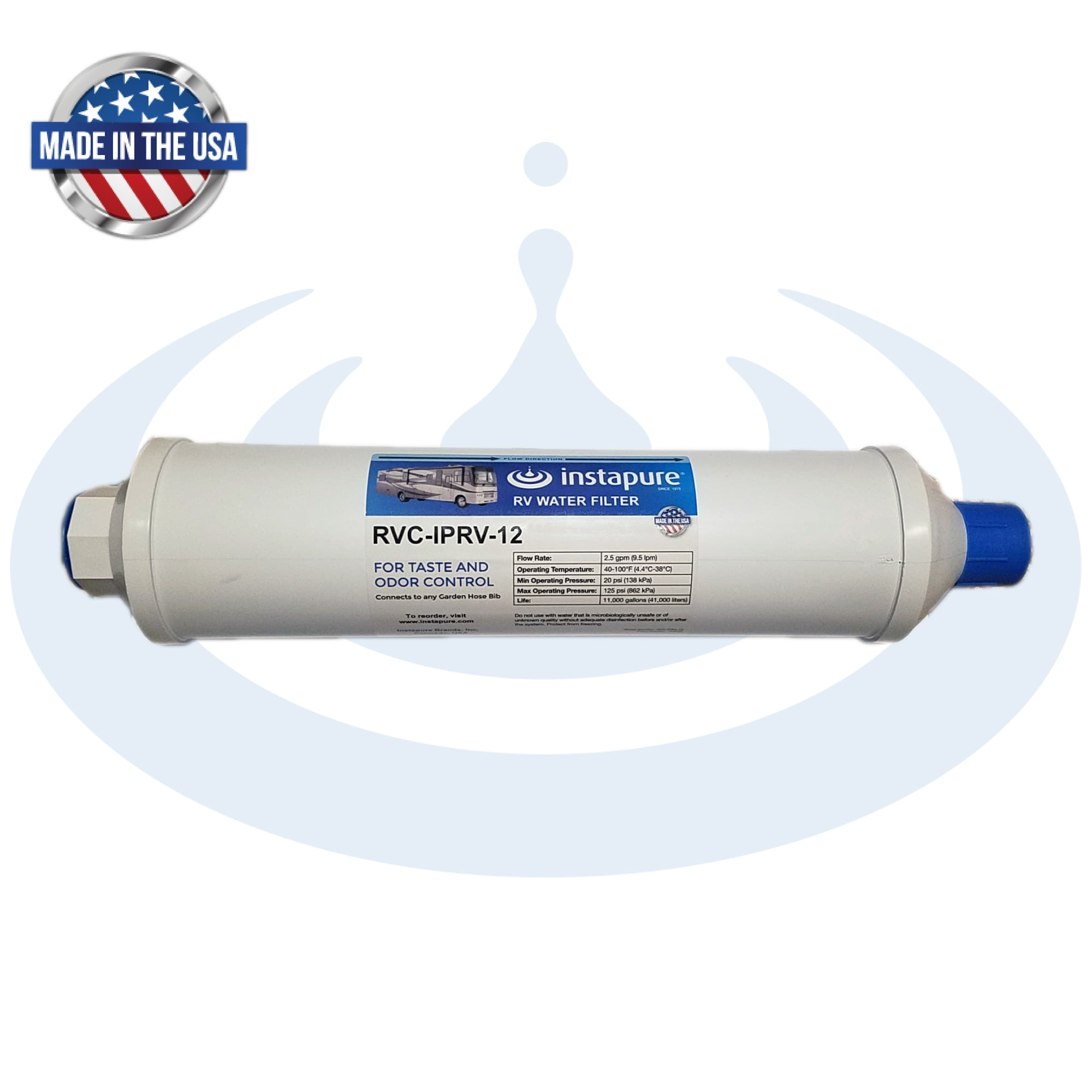 Instapure RVC-IPRV-12 Premium RV water filter with 'Made in the USA' label on a white background