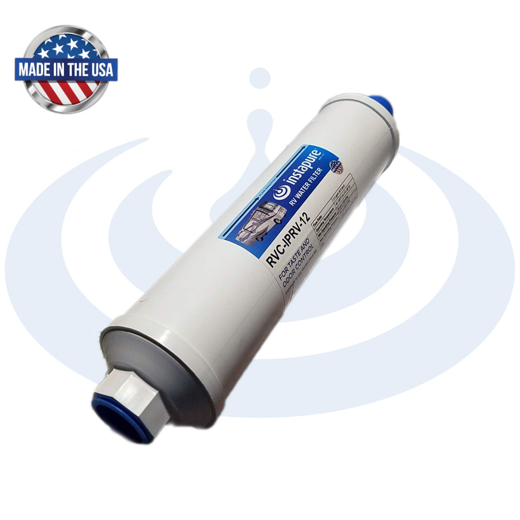 Instapure RVC-IPRV-12 Premium KDF & Carbon RV water filter with 'Made in the USA' label on a white background