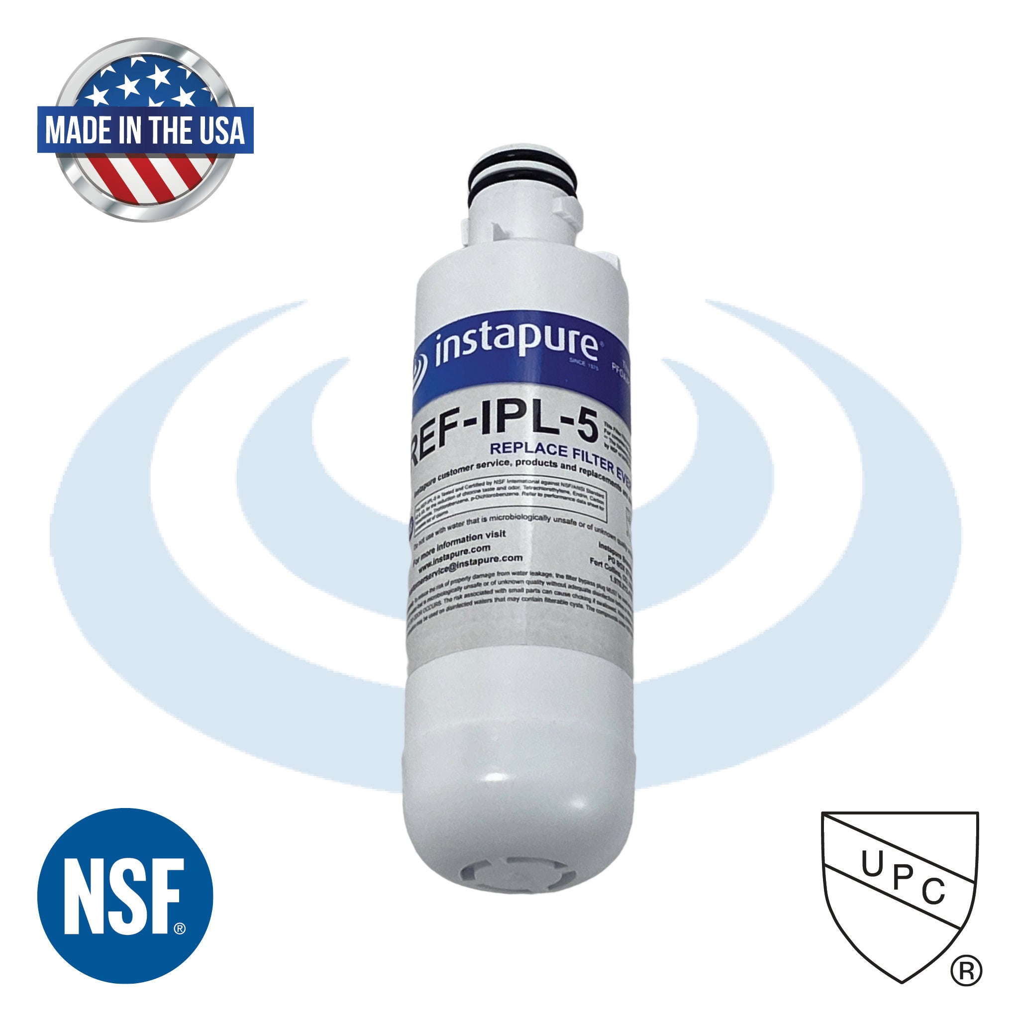 Instapure Pfoa Pfos water filter cartridge REF-IPL-5 with NSF  logos on a white background
