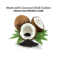 Coconut shells and coconut shell carbon on a white background with text about nature's best filtration media.