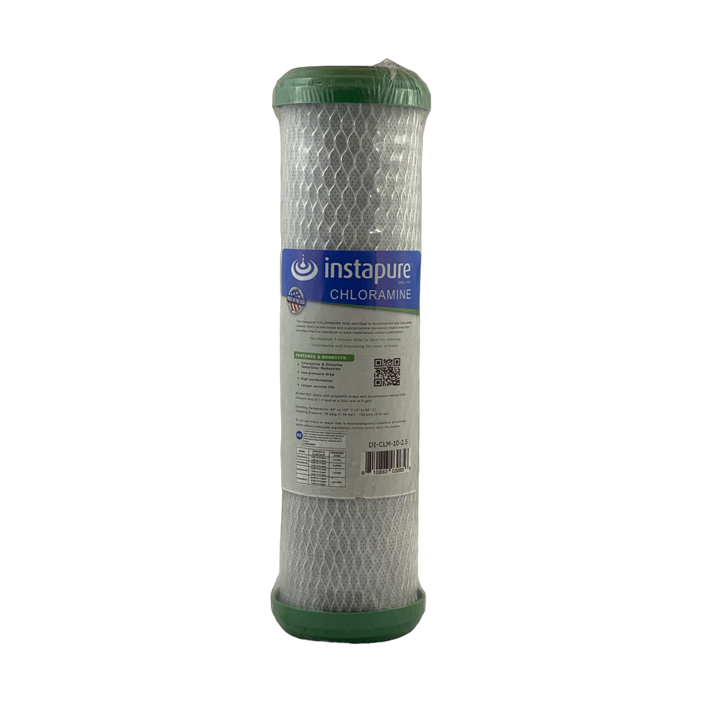 Instapure DI-CLM-10-2.5 chloramine carbon block water filter cartridge, front view, with NSF and Made in USA logos