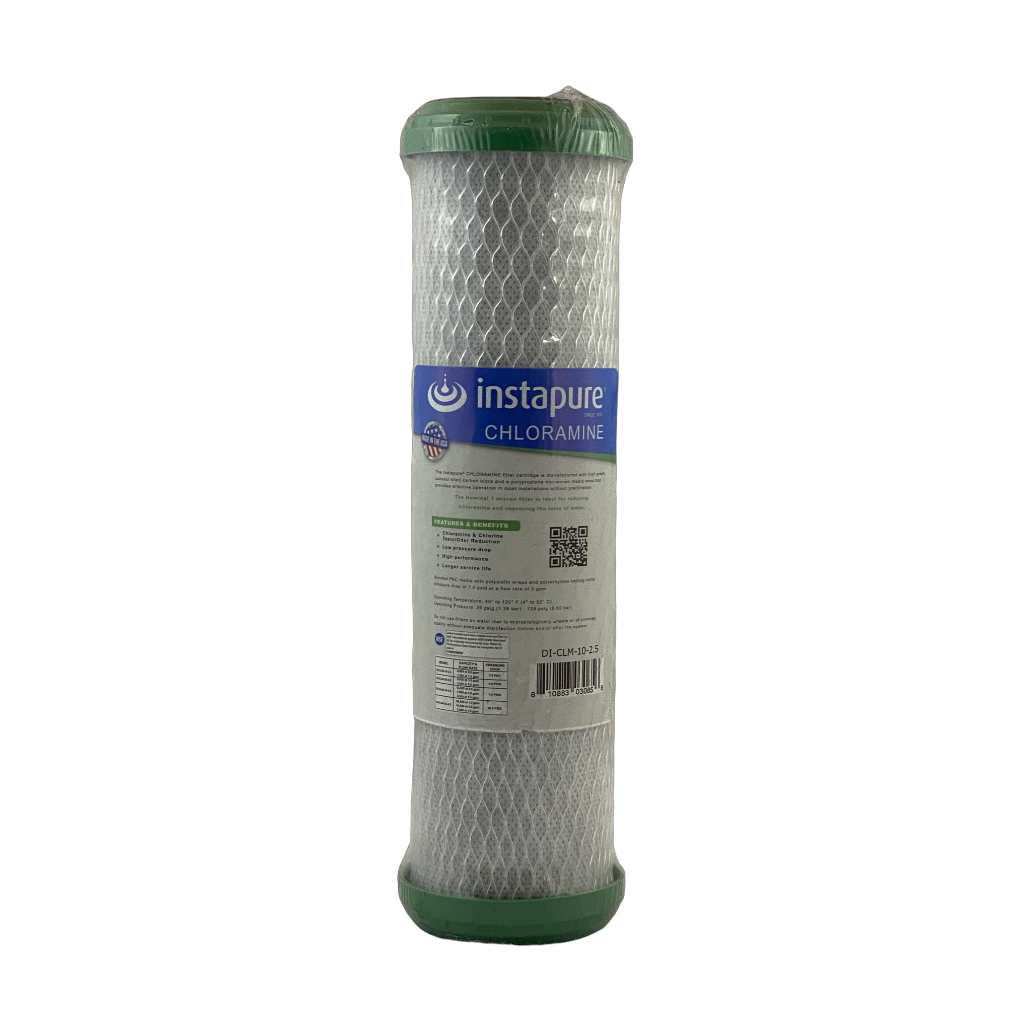 Instapure DI-CLM-10-2.5 chloramine carbon block water filter cartridge, front view, with NSF and Made in USA logos
