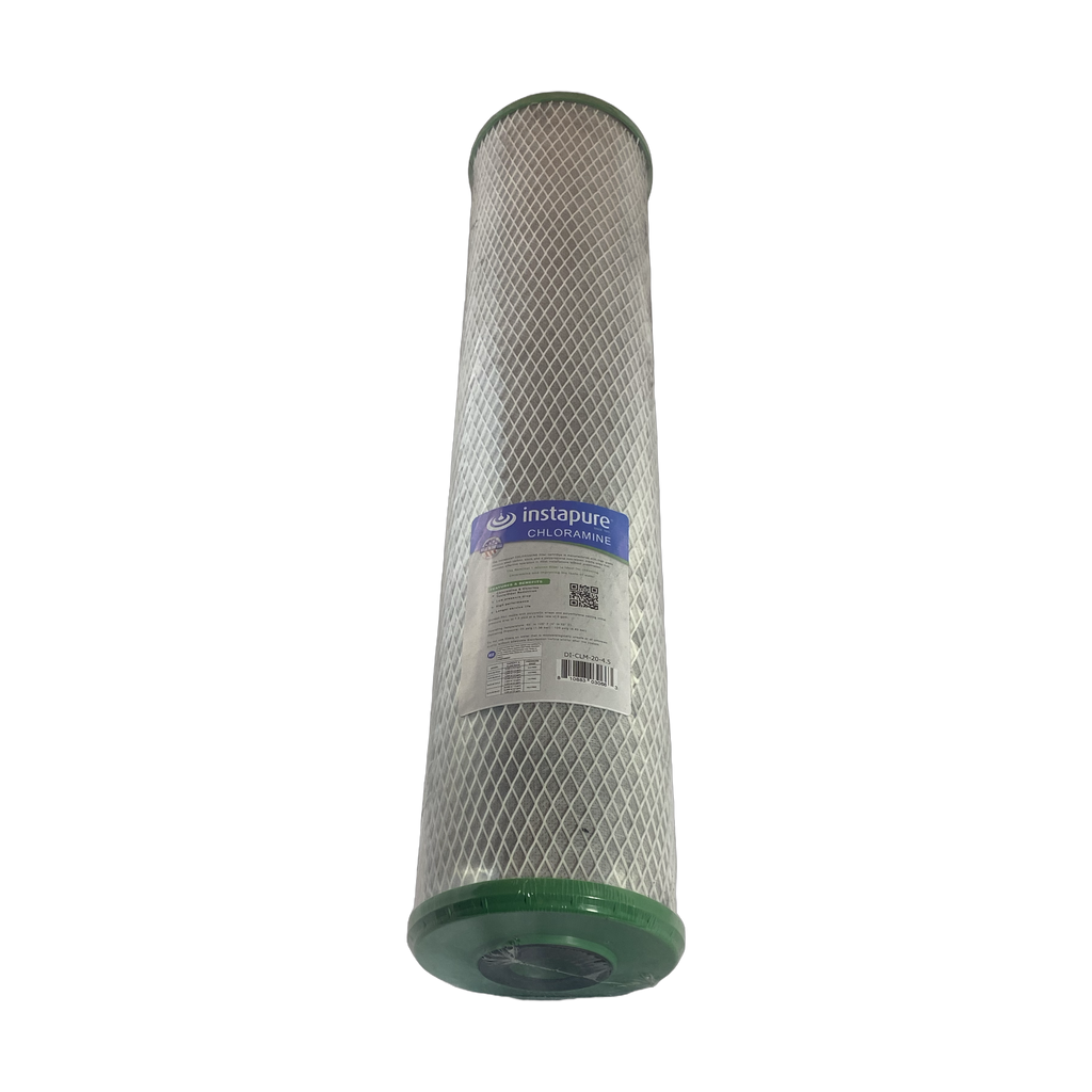 Instapure DI-CLM-20-4.5 chloramine carbon block water filter cartridge, front view, with NSF and Made in USA logos