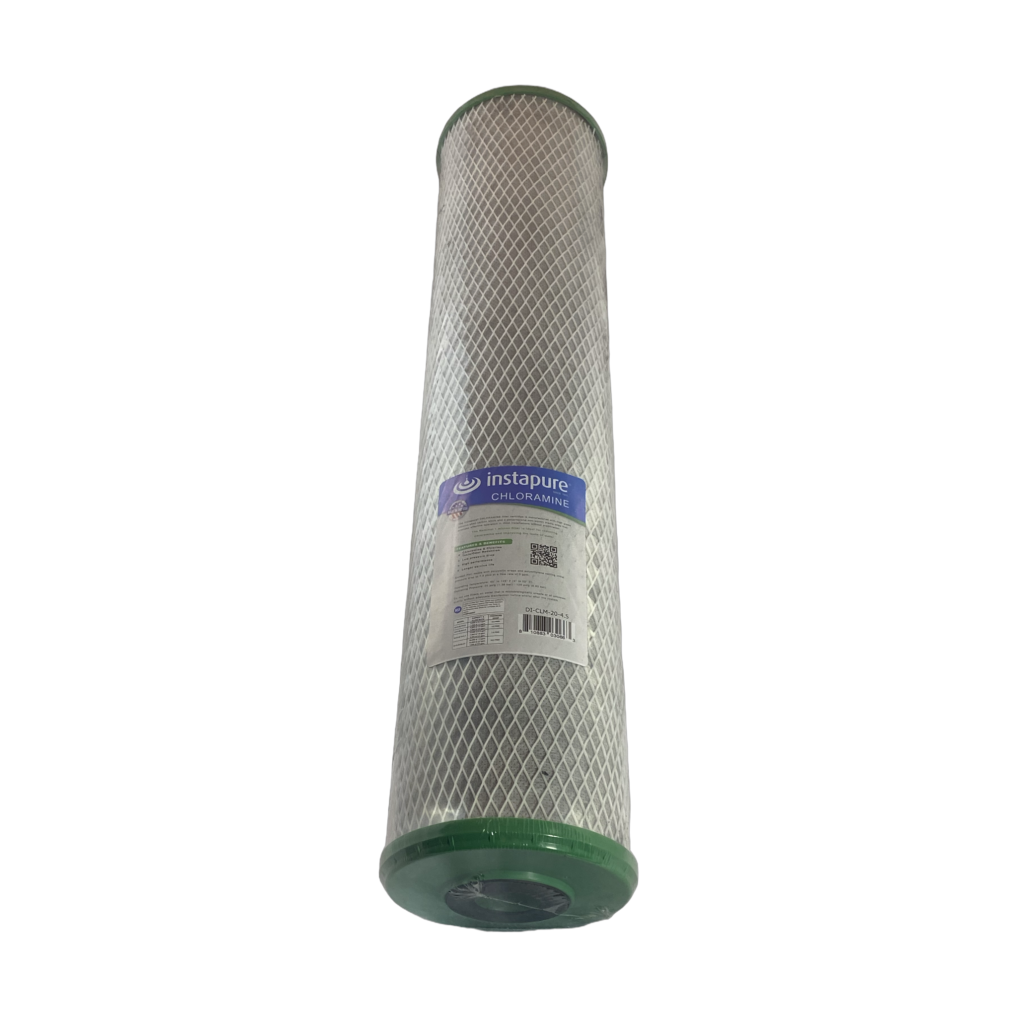 Instapure DI-CLM-20-4.5 chloramine carbon block water filter cartridge, front view, with NSF and Made in USA logos