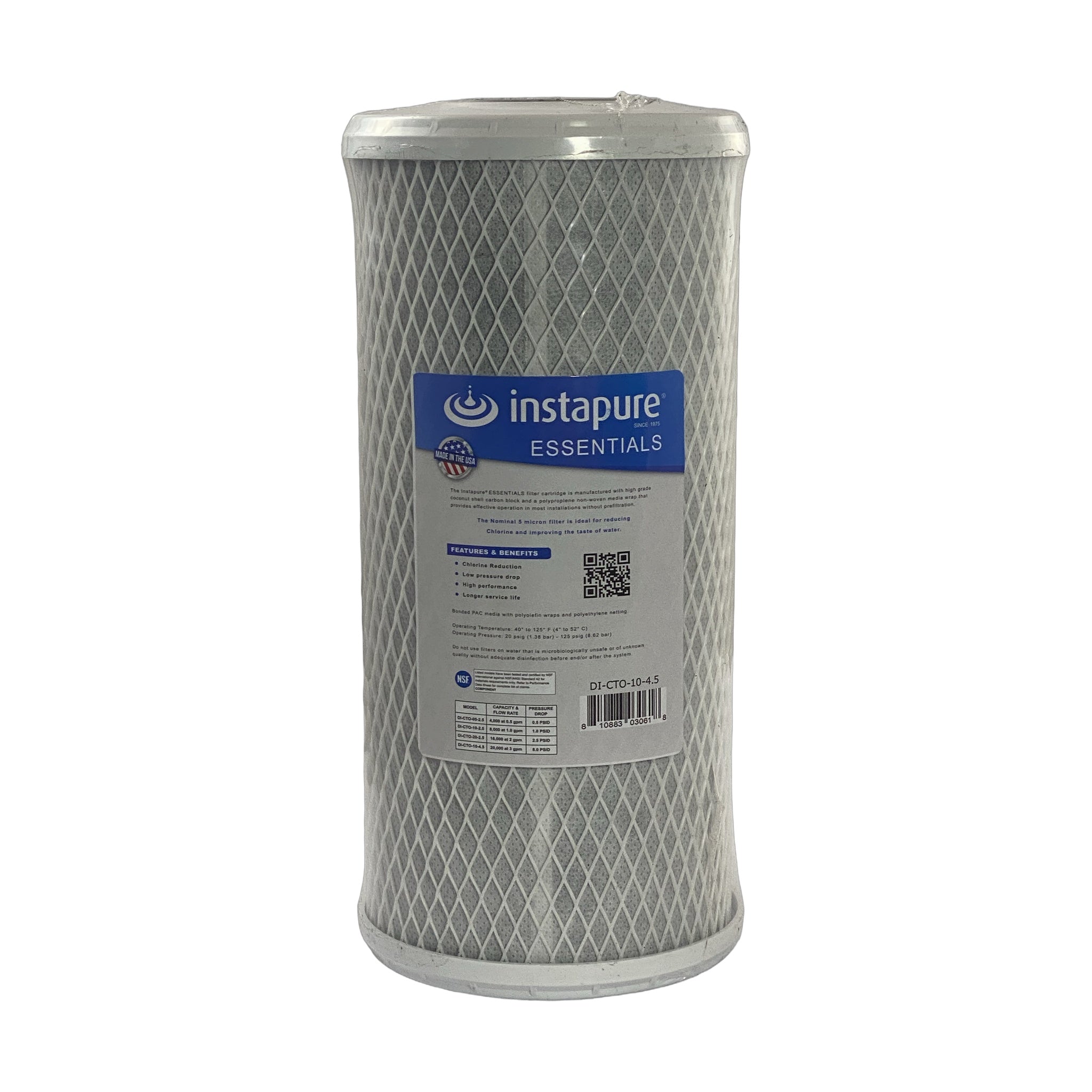 Instapure DI-CTO-10-4.5 water filter cartridge, front view