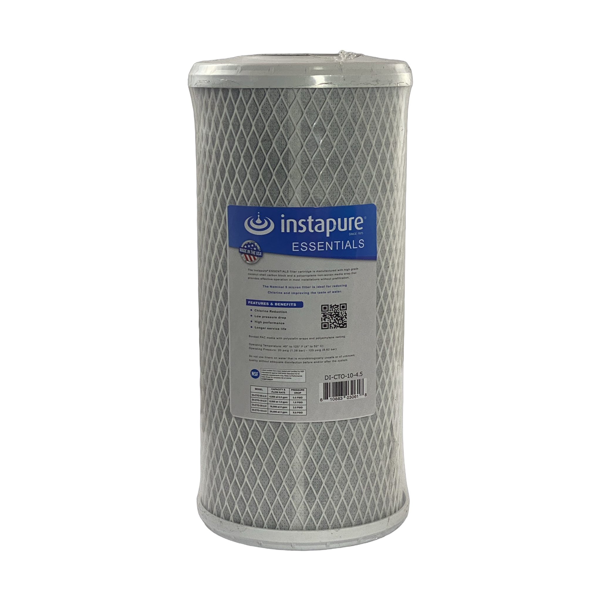 Instapure DI-CTO-10-4.5 chlorine reduction carbon block water filter cartridge, front view, with NSF and Made in USA logos