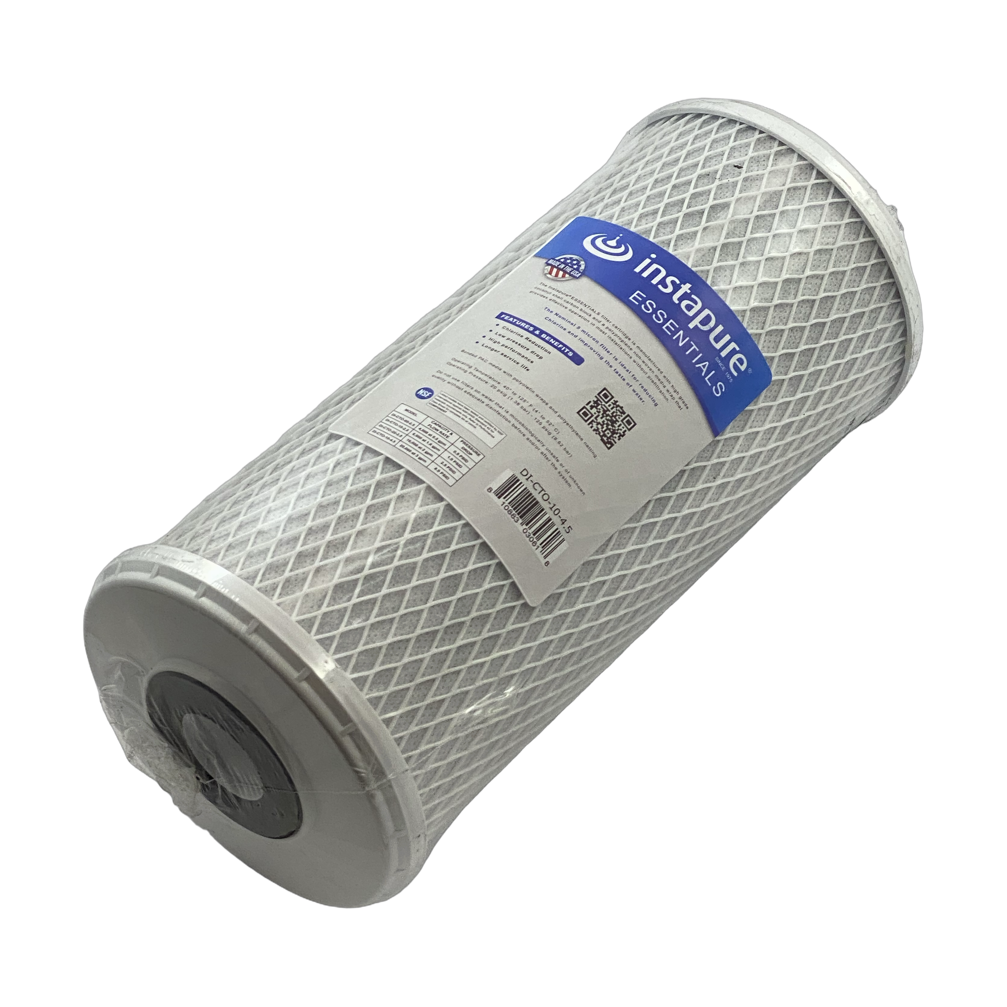 Instapure DI-CTO-10-4.5 chlorine reduction carbon block water filter cartridge, side view