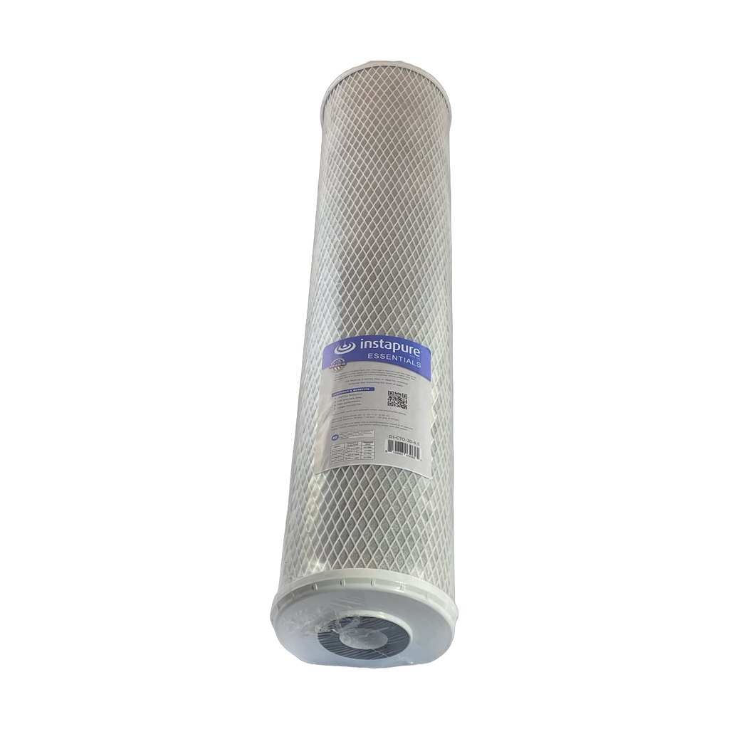 Instapure DI-CTO-20-4.5 chlorine reduction carbon block water filter cartridge, front view, with NSF and Made in USA logos