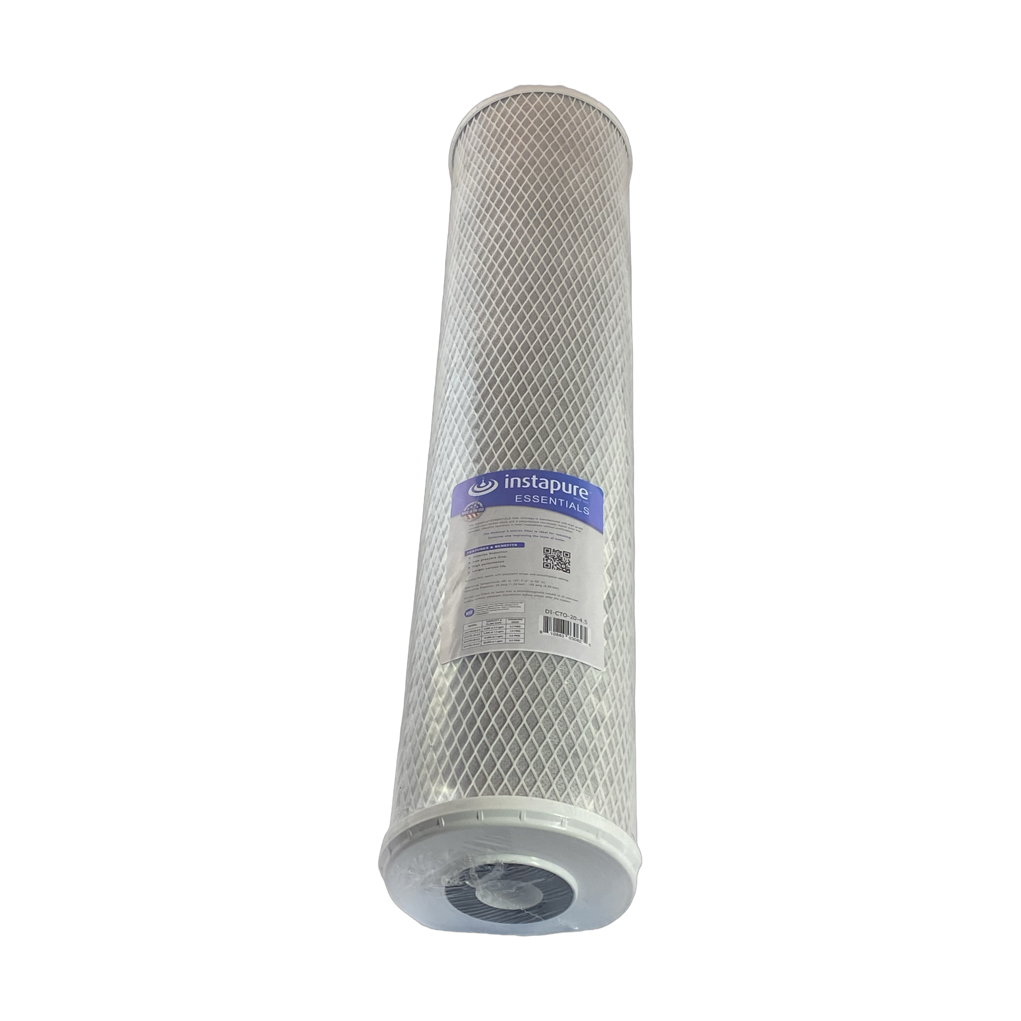 Instapure DI-CTO-20-4.5 chlorine reduction carbon block water filter cartridge, front view, with NSF and Made in USA logos