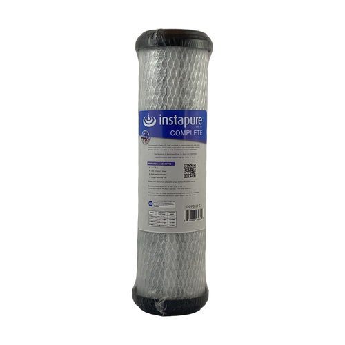Instapure COMPLETE DI-PB-10-2.5 lead reducing carbon block water filter cartridge, front view, with NSF and Made in USA logos