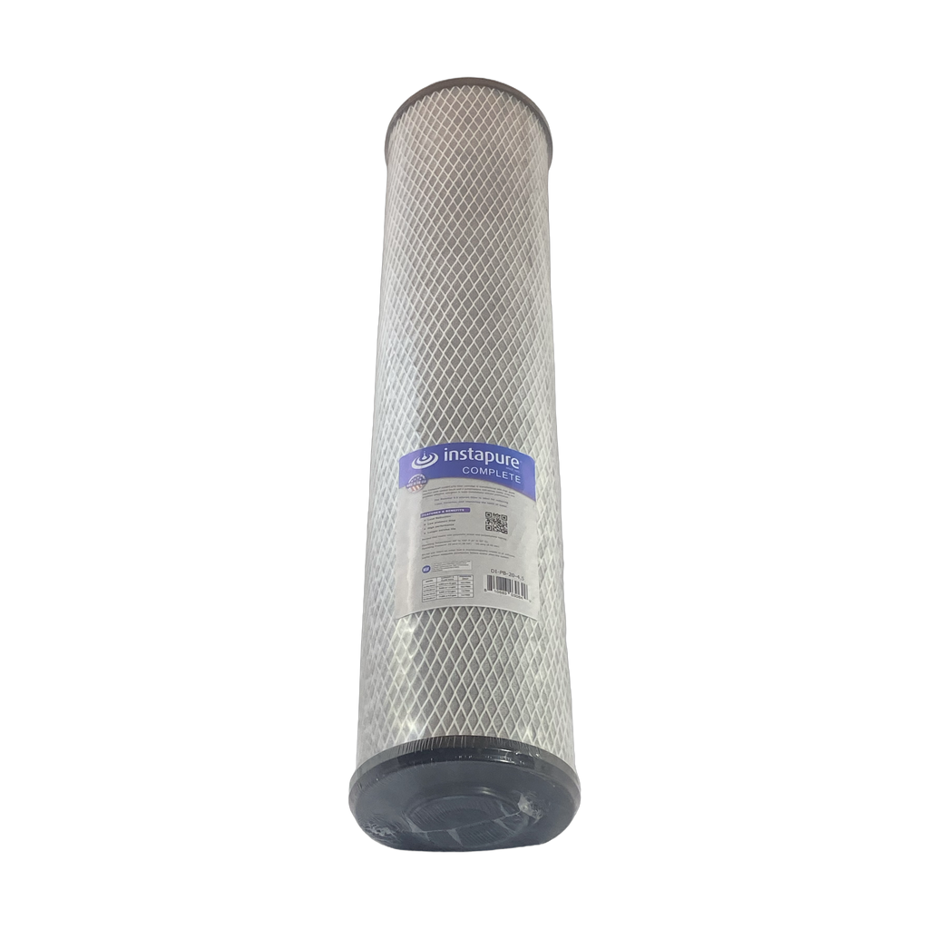 Instapure DI-PB-20-4.5 lead reducing carbon block water filter cartridge, front view, with NSF and Made in USA logos