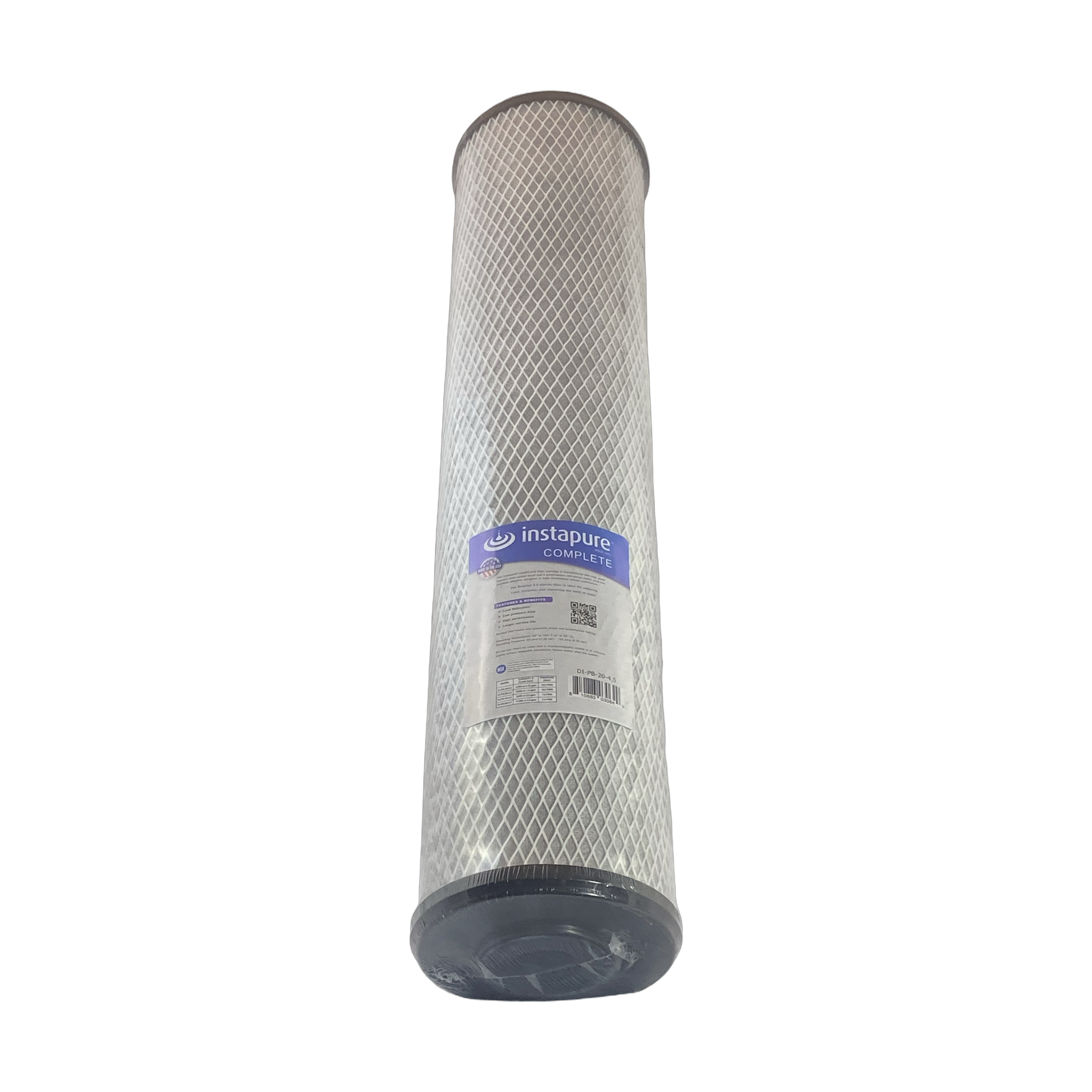Instapure DI-PB-20-4.5 lead reducing carbon block water filter cartridge, front view, with NSF and Made in USA logos