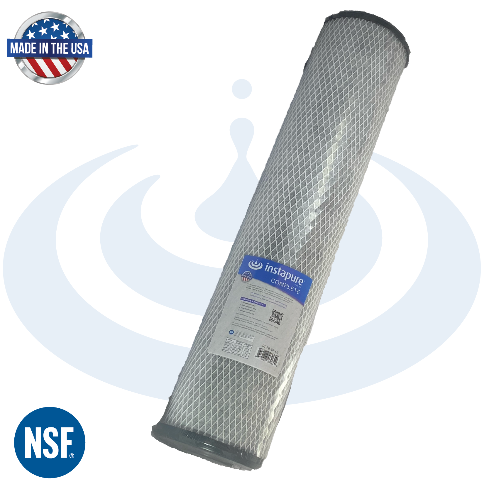 Instapure water filter cartridge with NSF and Made in USA logos on a white background