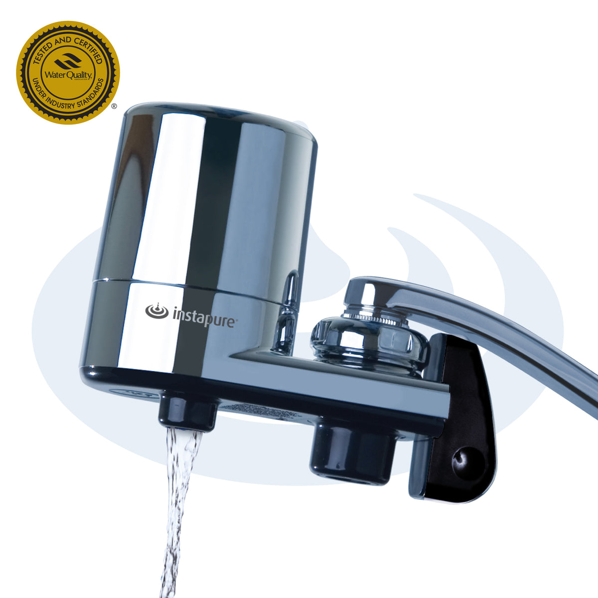Chrome water filter with water flowing out on a white background, featuring the instapure brand.