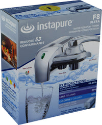 Instapure F8 Ultra water filtration system packaging with product image and features.