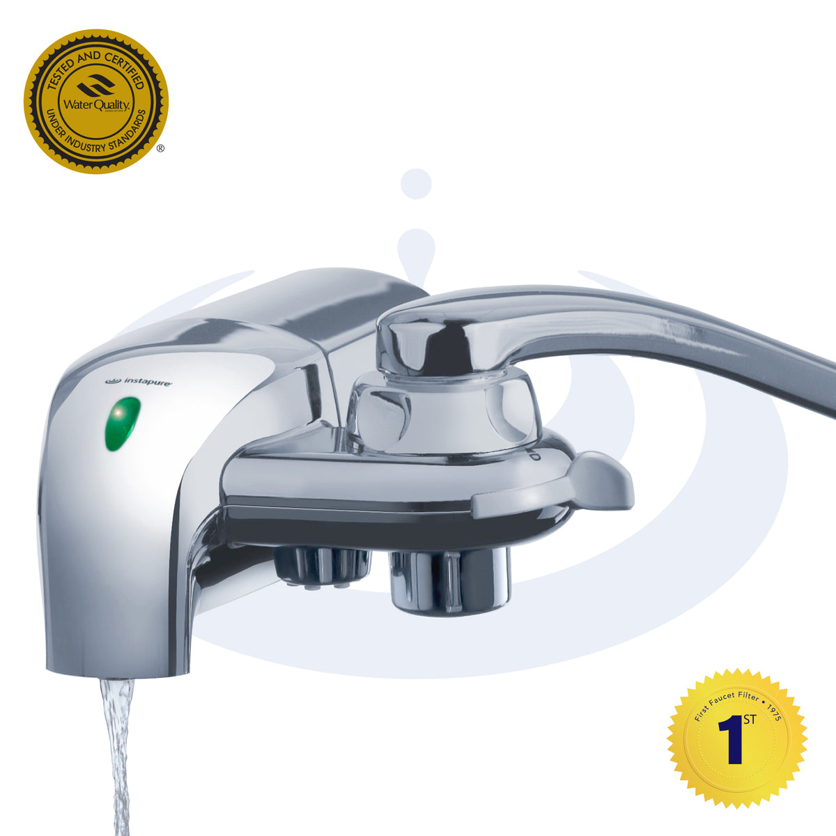 Chrome F8 with water flowing, featuring a Water Quality Institute badge and a certification label.