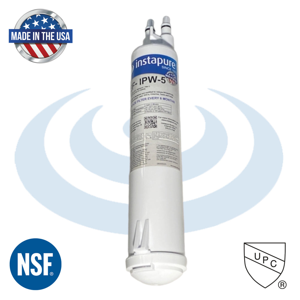Instapure water filter cartridge with NSF and UPC logos on a white background