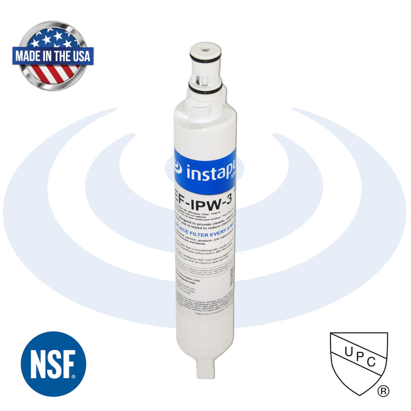 Instapure REF-IPW-3 water filter cartridge with NSF and UPC logos on a white background