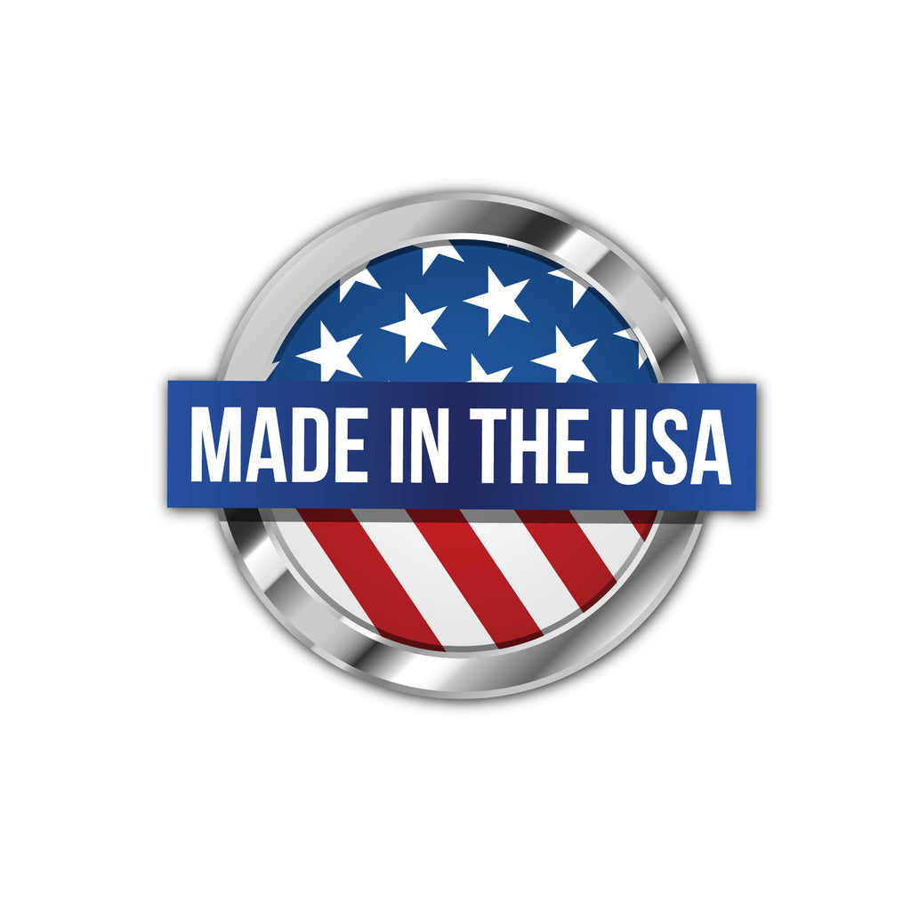Round badge with American flag design and 'Made in the USA' text on a white background