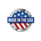 Round badge with American flag design and 'Made in the USA' text on a white background