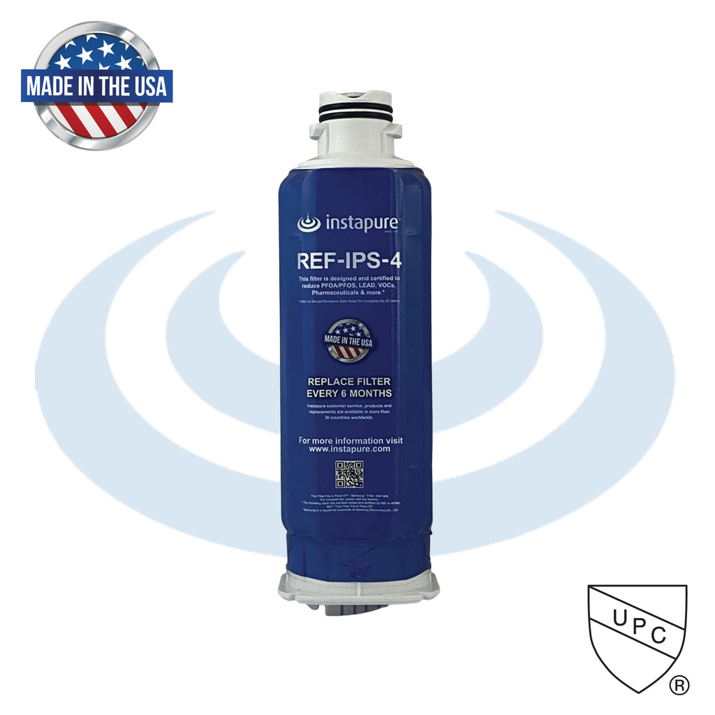 Instapure REF-IPS-4 filter cartridge with branding and certification logos on a white background