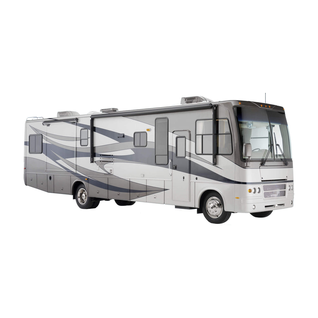 Large white RV with gray accents on a white background
