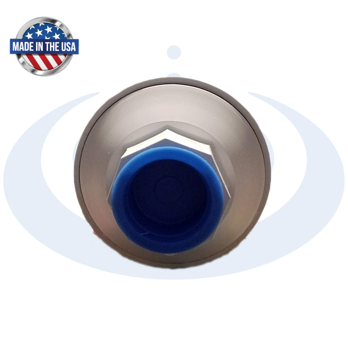 Instapure RVC-IPRV-12 Premium KDF & Carbon RV water filter bottom view with 'Made in the USA' label on a white background