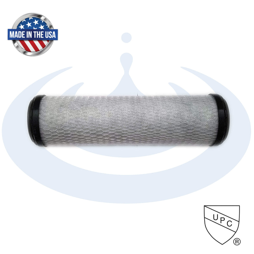 Instapure Essentials 2.5" X 10" water filter cartridge without label and wrap Made in USA and on a white background
