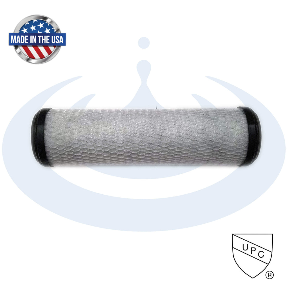 Instapure Essentials 2.5" X 10" water filter cartridge without label and wrap Made in USA and on a white background
