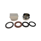 Metal adapter, custom tool, and four 0-rings on a white background.