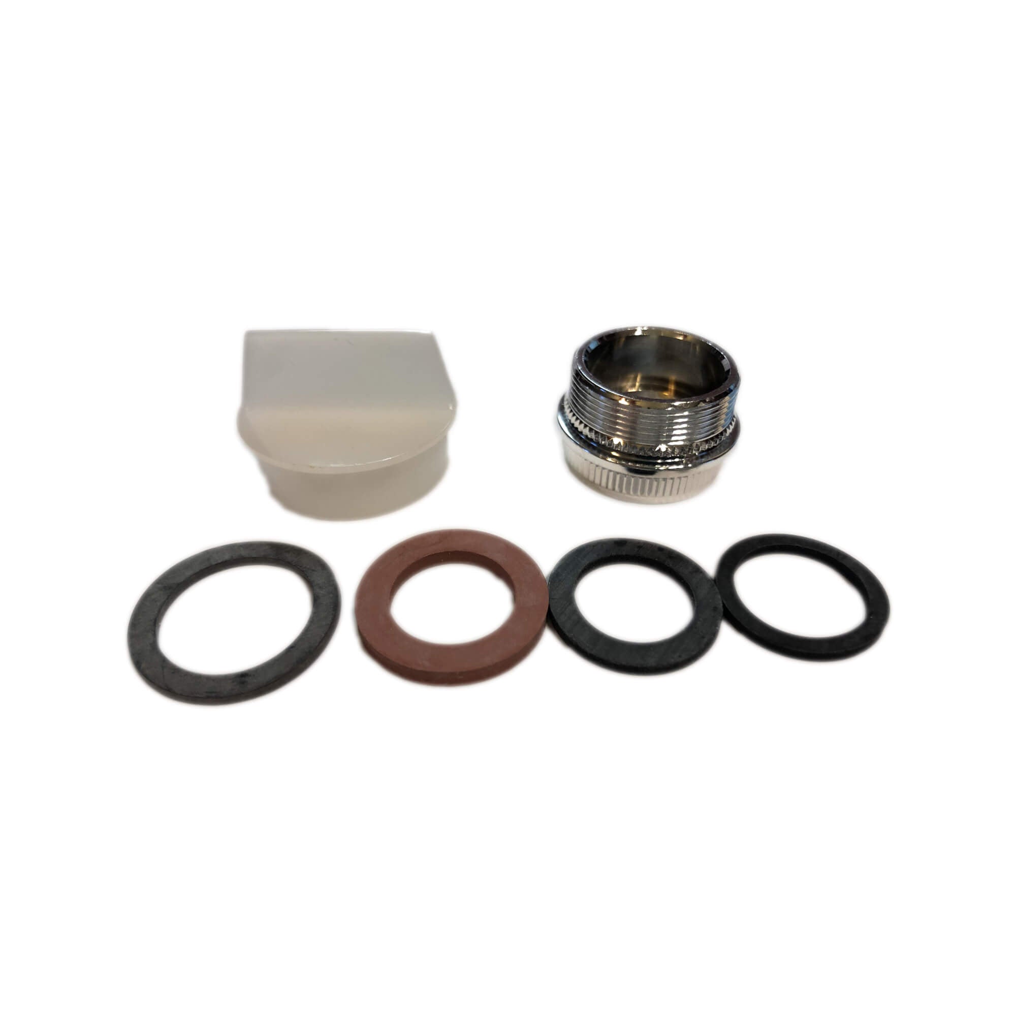 Metal adapter, custom tool, and four 0-rings on a white background.